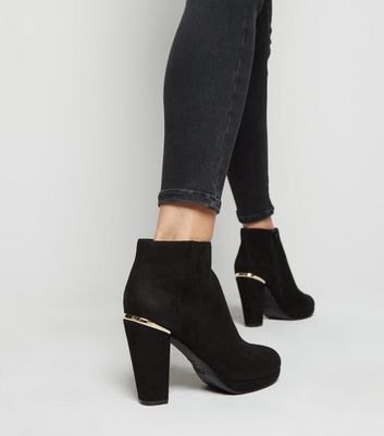 Black Metal Trim Heeled Ankle Boots 