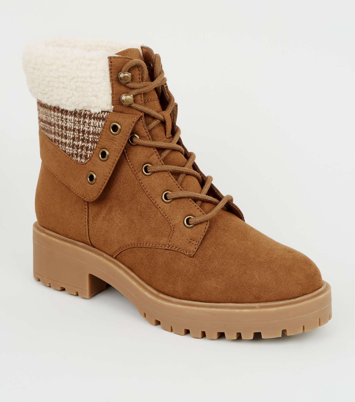 Tan Suedette Check Teddy Lined Chunky Boots