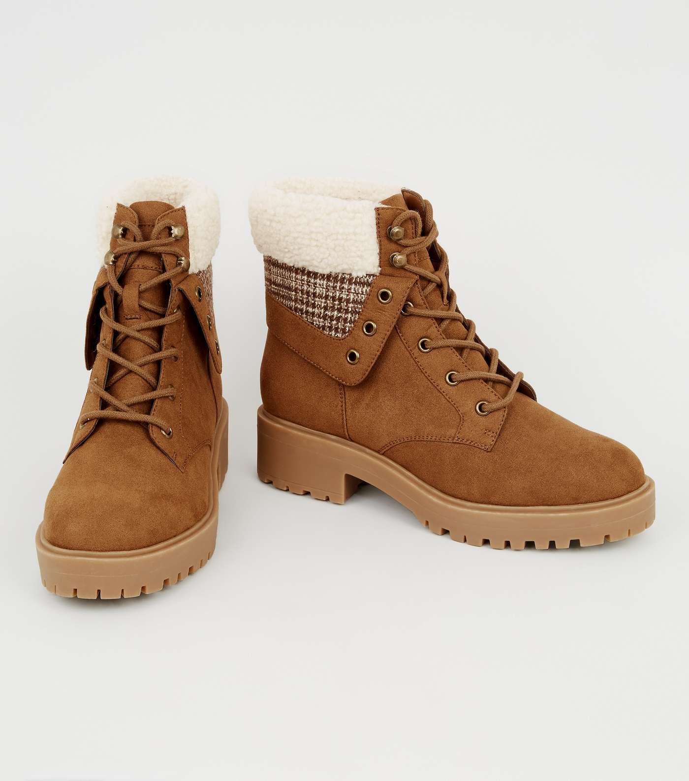 Tan Suedette Check Teddy Lined Chunky Boots Image 3