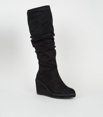 Black Suedette Knee High Slouch Wedge Boots | New Look