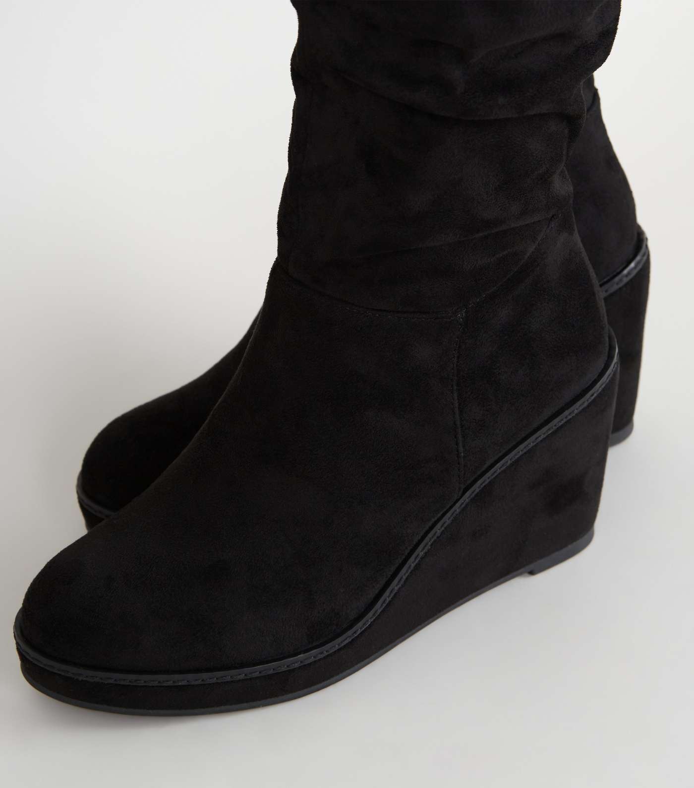 Black Suedette Knee High Slouch Wedge Boots Image 4