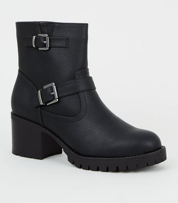 Black Leather-Look Chunky Biker Boots | New Look