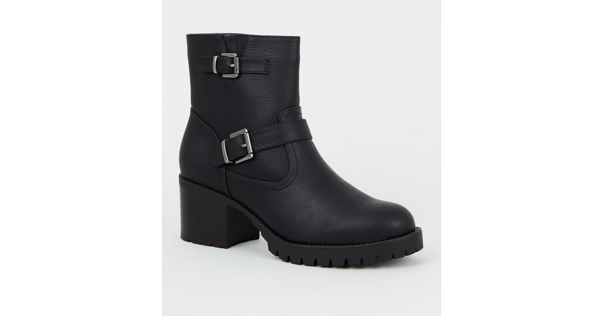 Black Leather-Look Chunky Biker Boots | New Look