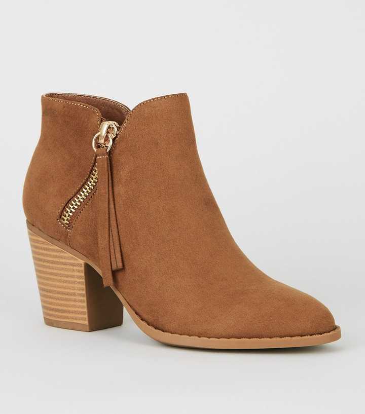 Tan Suedette Zip Tassel Block Heel Boots