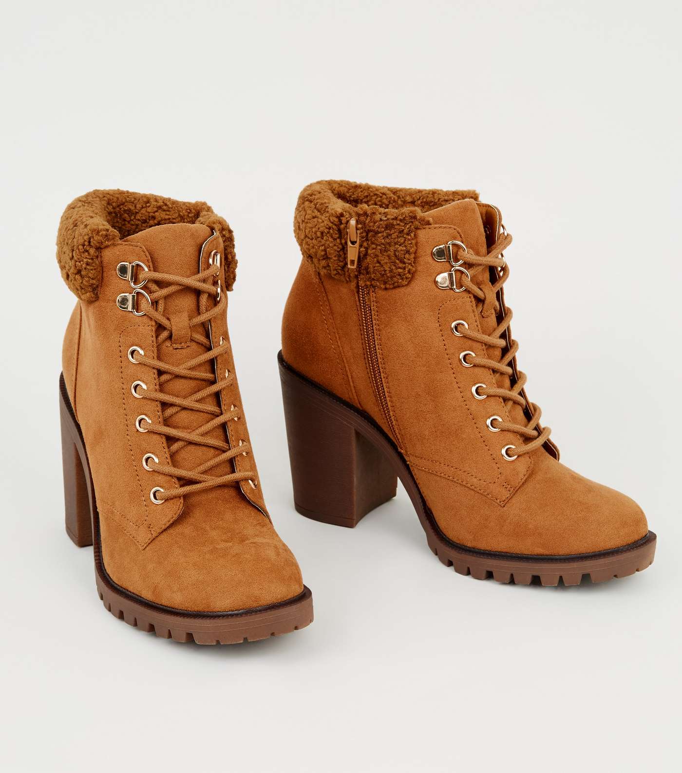 Tan Teddy Trim Block Heel Lace Up Boots Image 3
