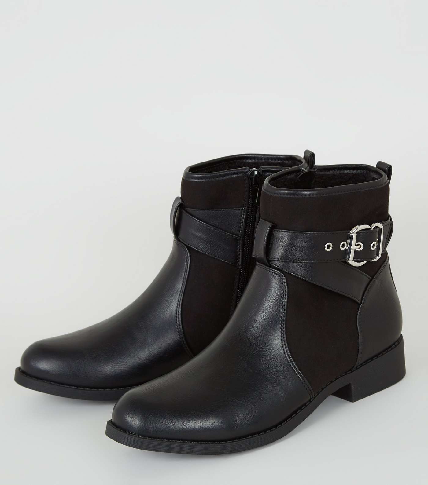 Black Faux Shearling Lined Biker Boots Image 3
