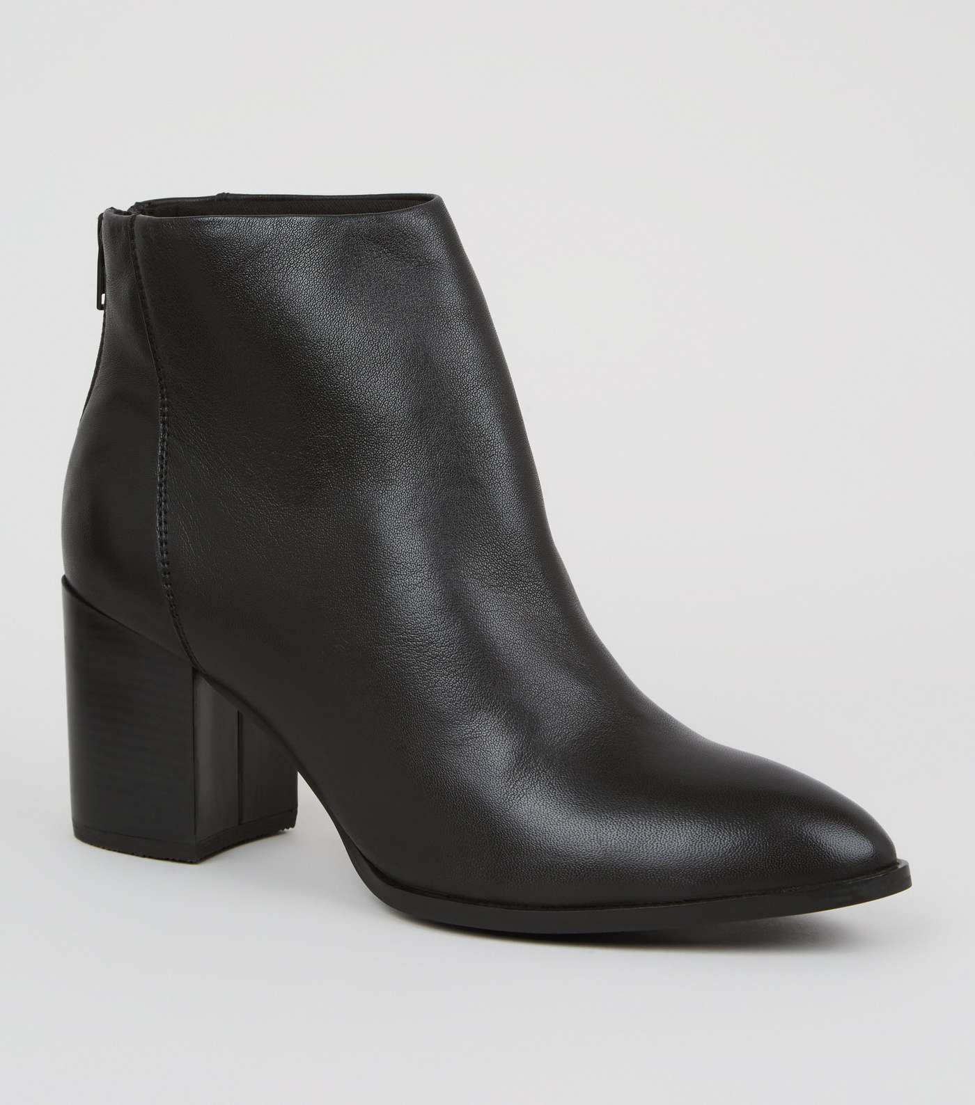 Black Leather Pointed Block Heel Boots