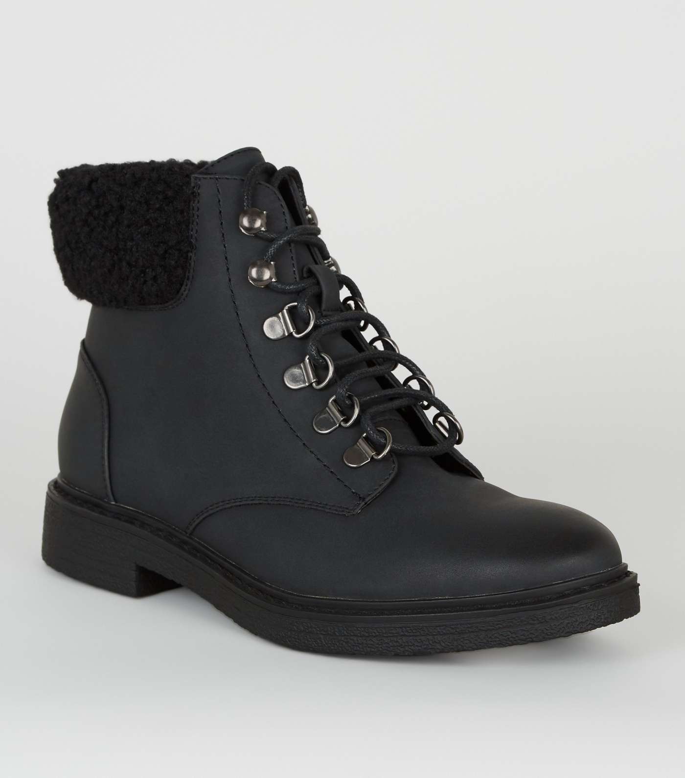Girls Black Teddy Trim Lace Up Boots