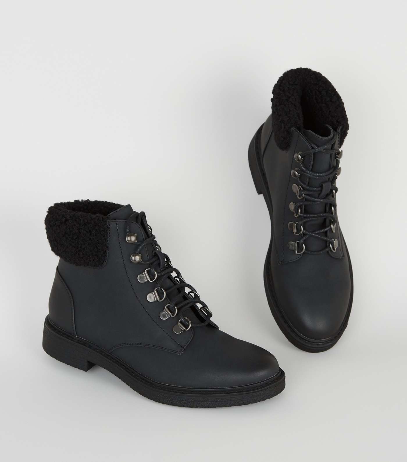 Girls Black Teddy Trim Lace Up Boots Image 3