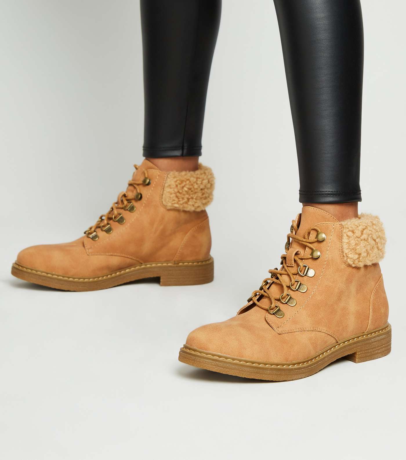 Girls Tan Teddy Trim Lace Up Boots Image 2