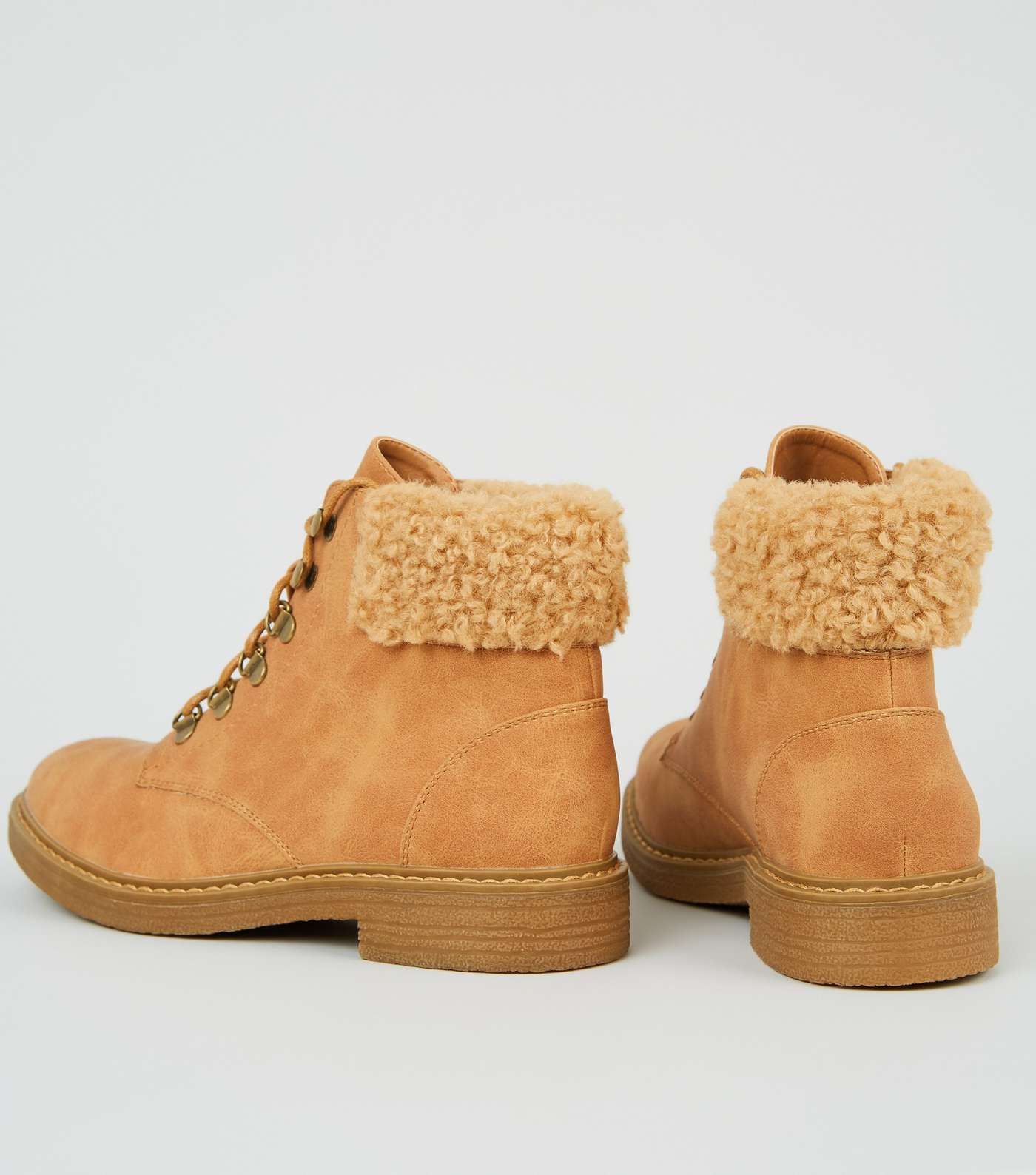Girls Tan Teddy Trim Lace Up Boots Image 4