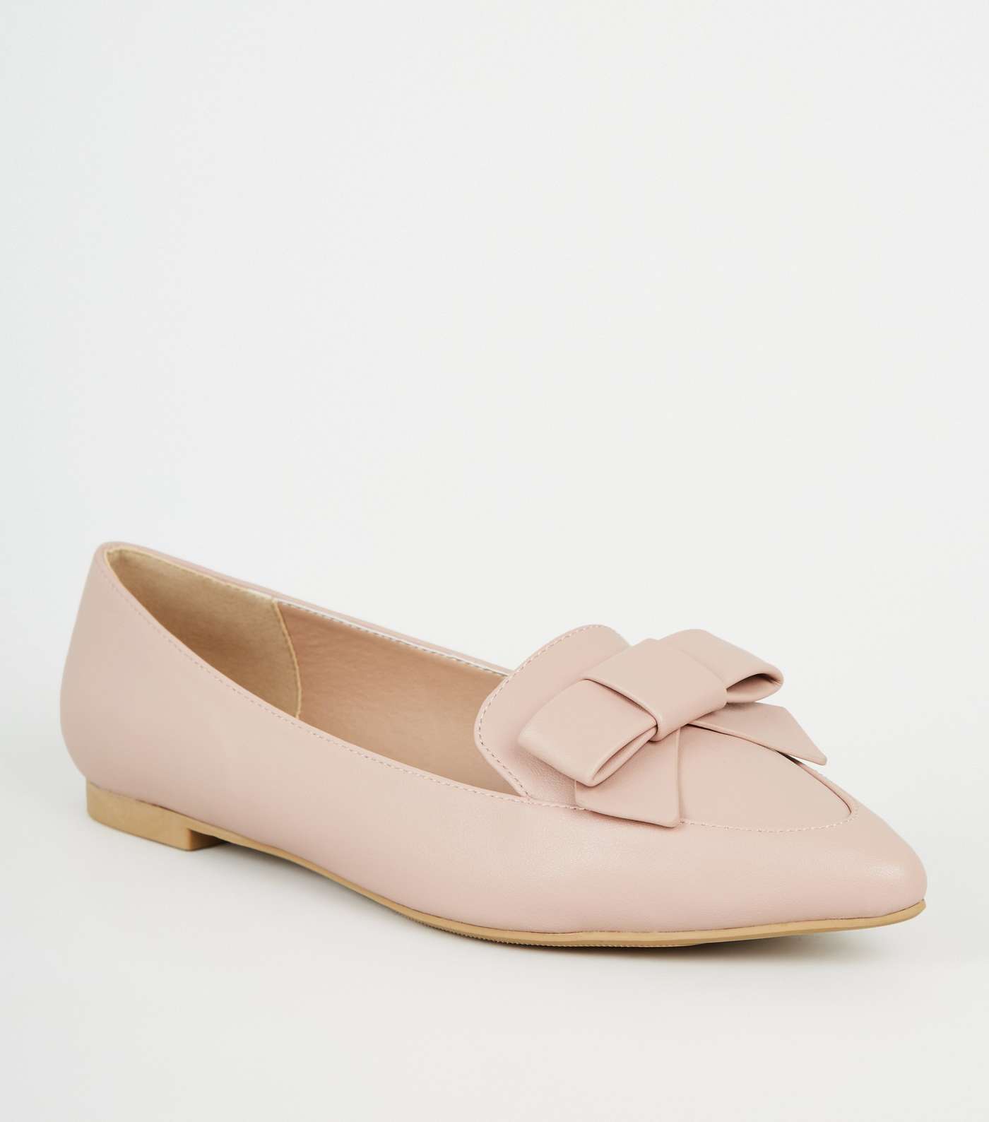 Pale Pink Leather-Look Pointed Bow Loafers