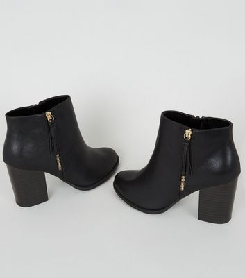Image of Wide Fit Black Tassel Trim Block Heel Boots New Look Vegan