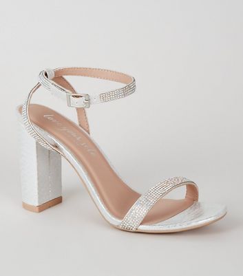 silver diamante block heels