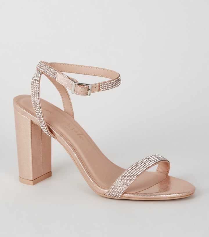 Rose Gold Shimmer Diamanté 2 Part Block Heels