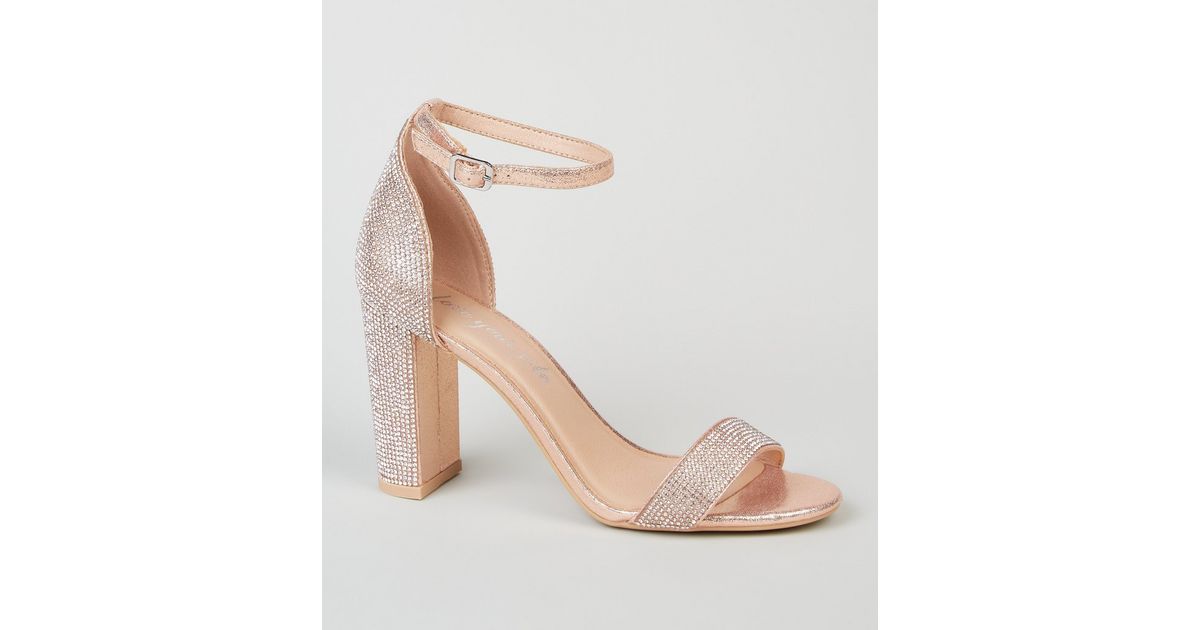 Rose Gold Diamanté 2 Part Block Heel Sandals | New Look