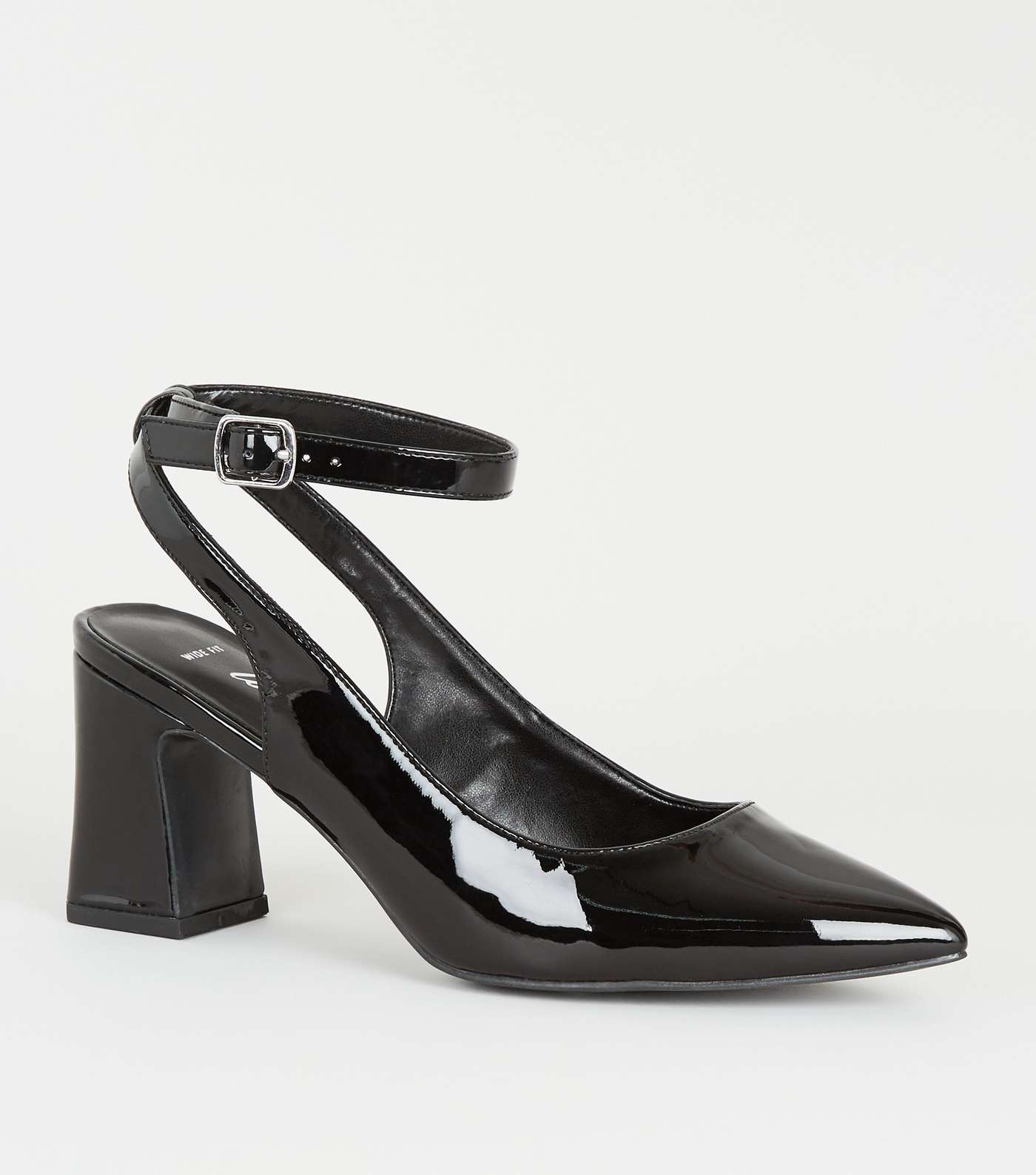 Wide Fit Black Patent Flared Heel Courts