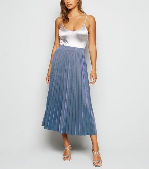 Blue Iridescent Pleated Midi Skirt