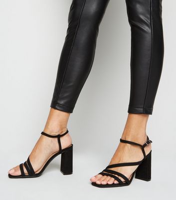 Image of Black Square Toe Strappy Block Heels New Look