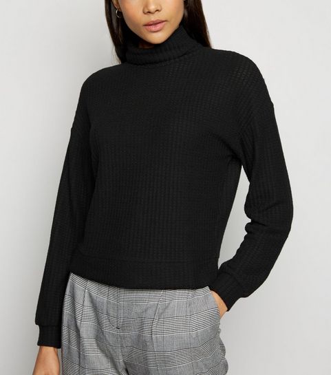 Black Brushed Waffle Roll Neck Jumper