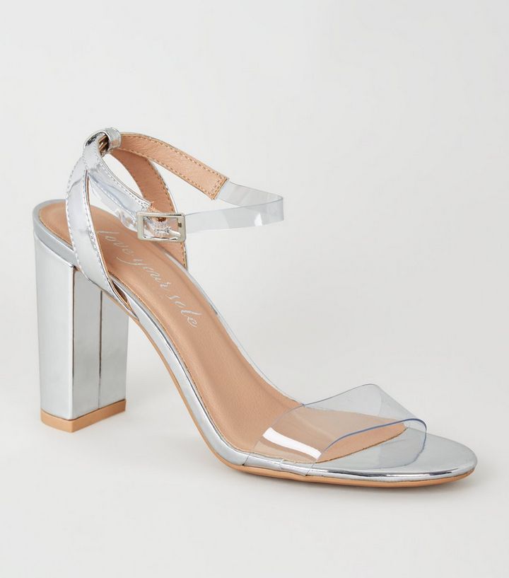Silberfarbene High Heels Mit Blockabsatz Und Transparenten Riemchen New Look