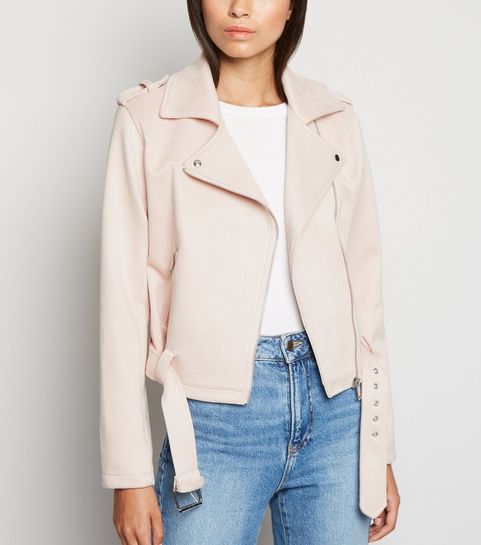 Pale Pink Twill Suedette Biker Jacket