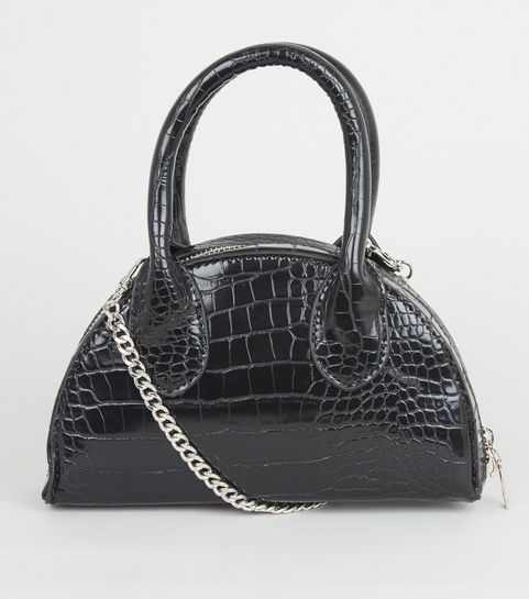 Black Faux Croc Semi Circle Bowler Bag