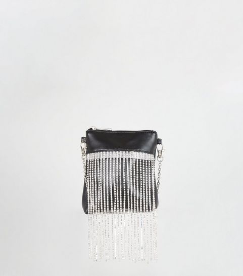 Black Diamanté Fringe Cross Body Bag