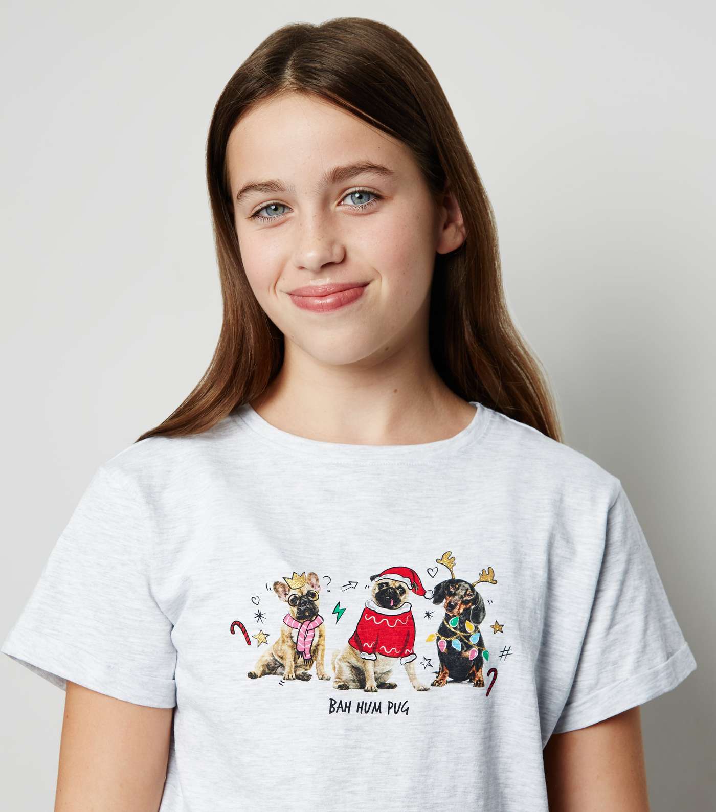 Girls Light Grey Pug Slogan Christmas Pyjama Set Image 6