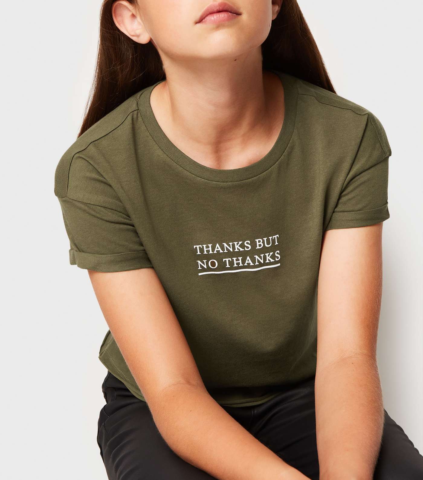 Girls Khaki Thanks But No Thanks Slogan T-Shirt Image 3