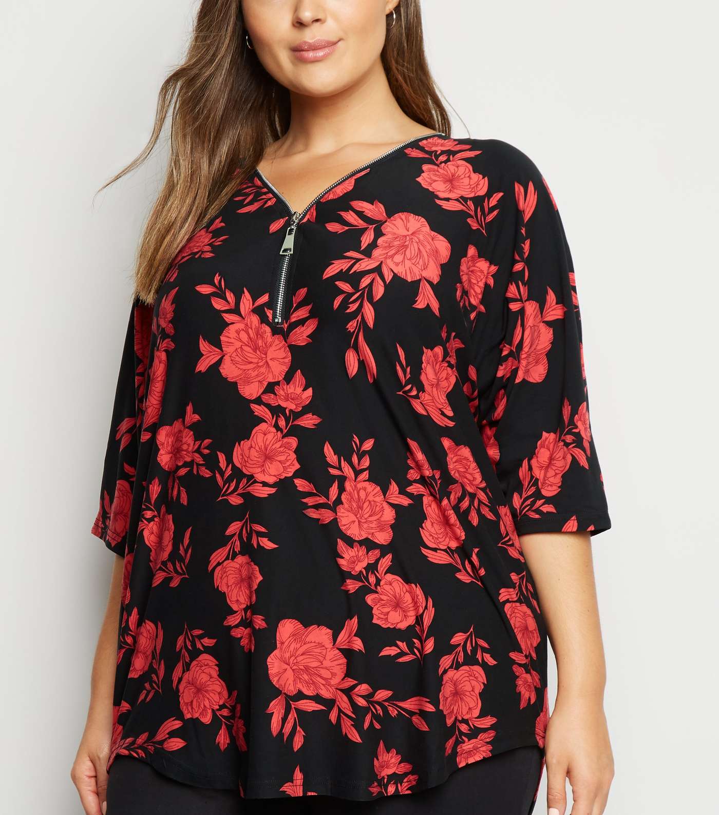 Blue Vanilla Curves Red Floral Zip Top