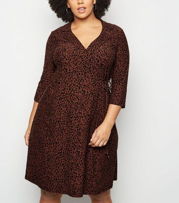 Image of Blue Vanilla Curves Rust Leopard Print Wrap Dress New Look