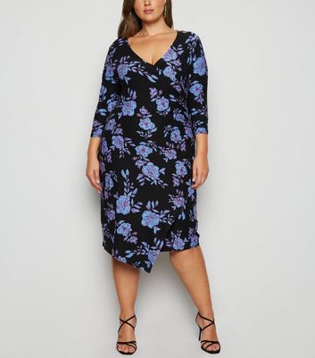 Image of Blue Vanilla Curves Blue Floral Ruched Wrap Dress New Look