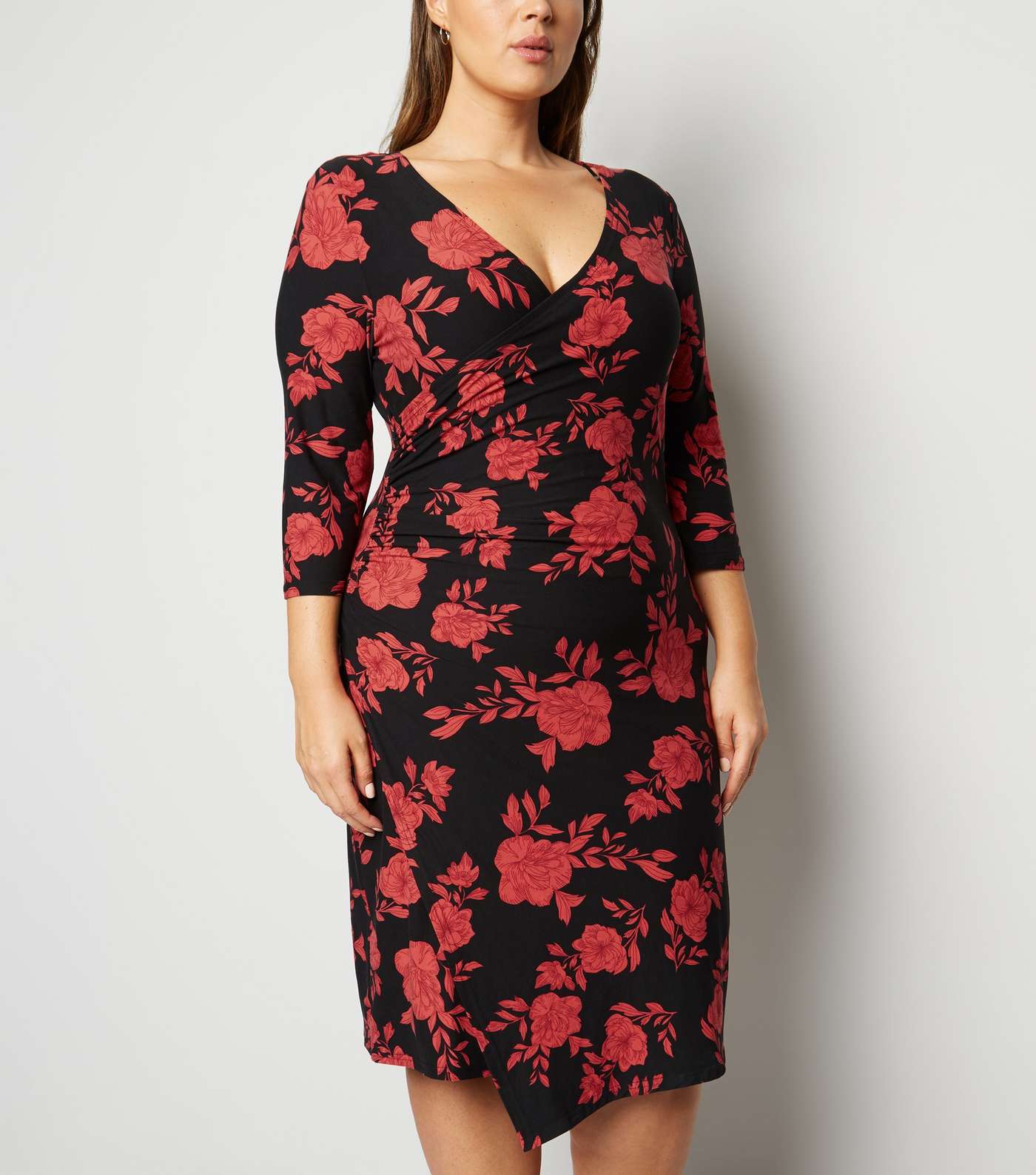 Blue Vanilla Curves Red Floral Ruched Wrap Dress