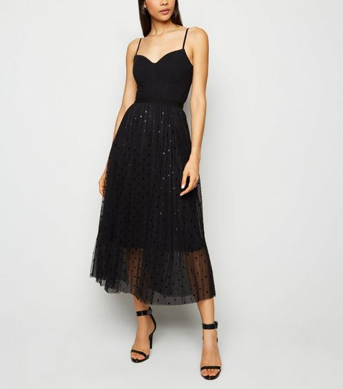 Black Spot Mesh Midi Skirt