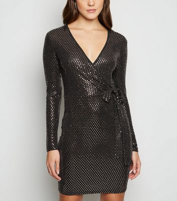 warehouse velvet embellished wrap dress