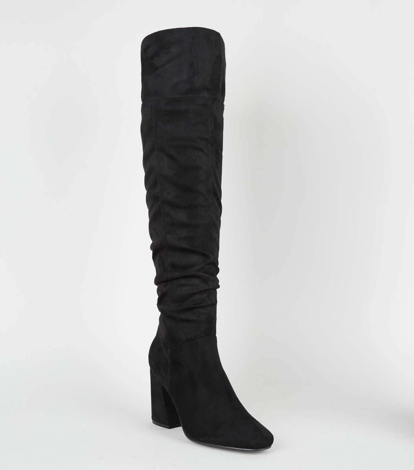 Black Suedette Knee High Heeled Boots