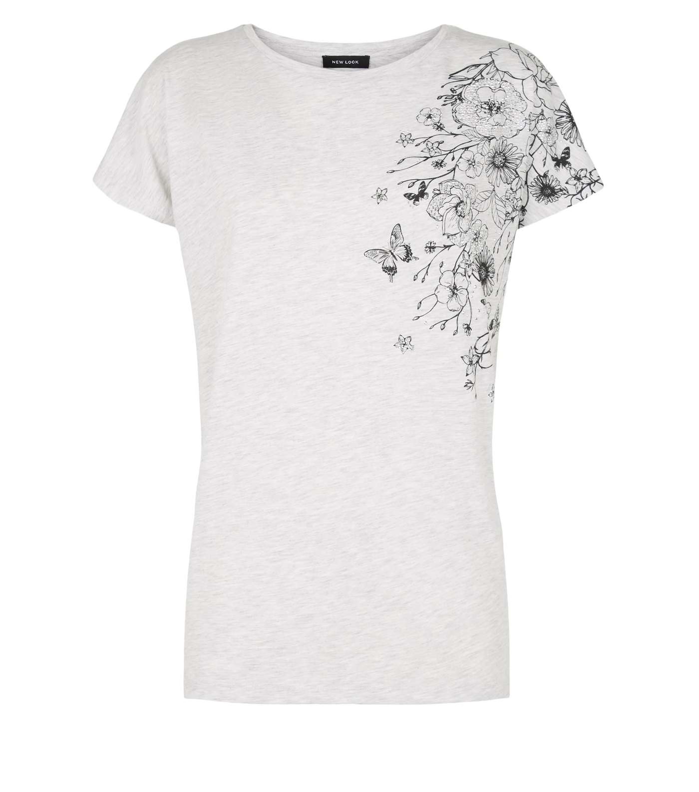 Grey Marl Floral Diamanté Longline T-Shirt Image 4
