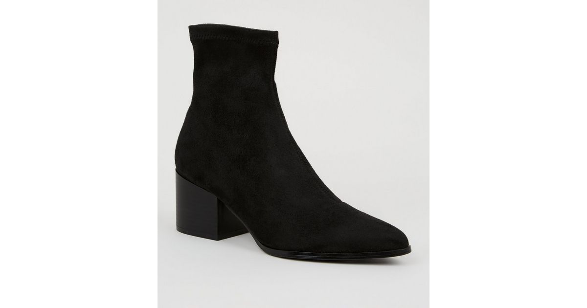 Black Suedette Flared Block Heel Sock Boots New Look