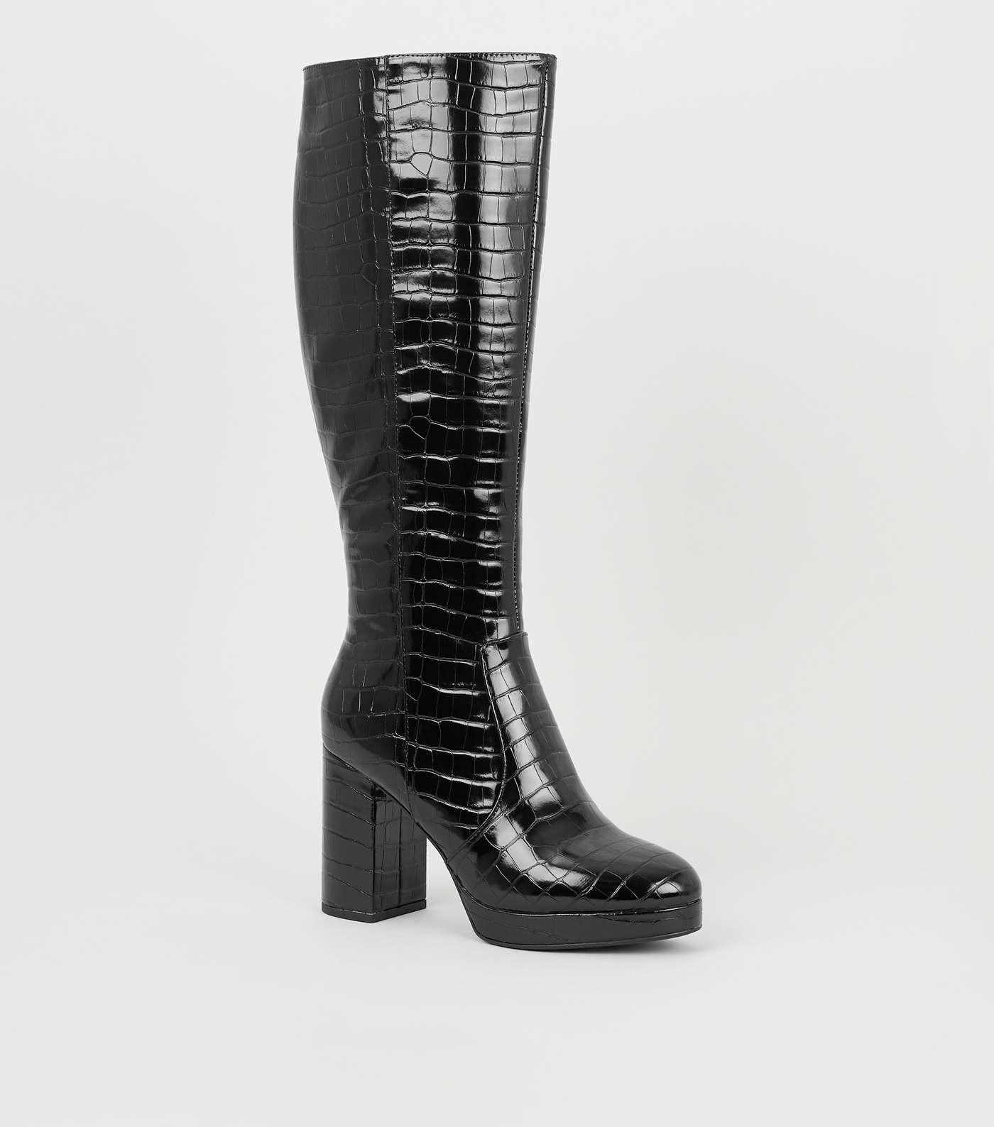 Black Patent Faux Croc Heeled Knee High Boots