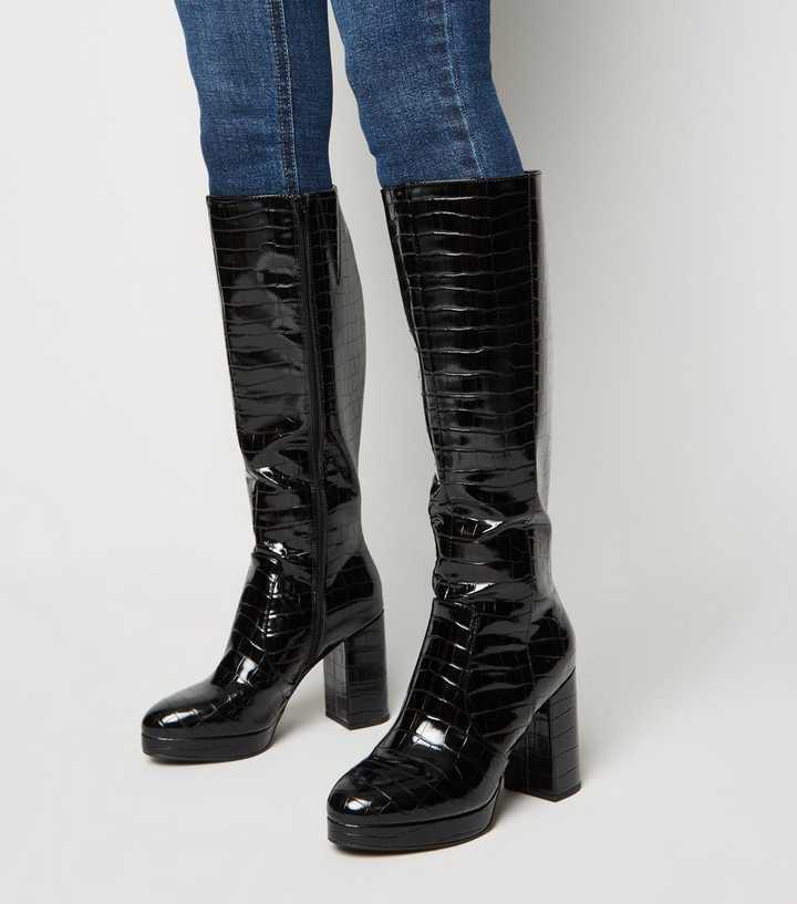 Black Patent Faux Croc Heeled Knee High Boots | New Look