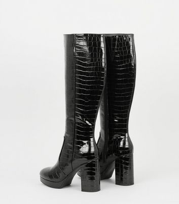 Black Patent Faux Croc Heeled Knee High Boots | New Look