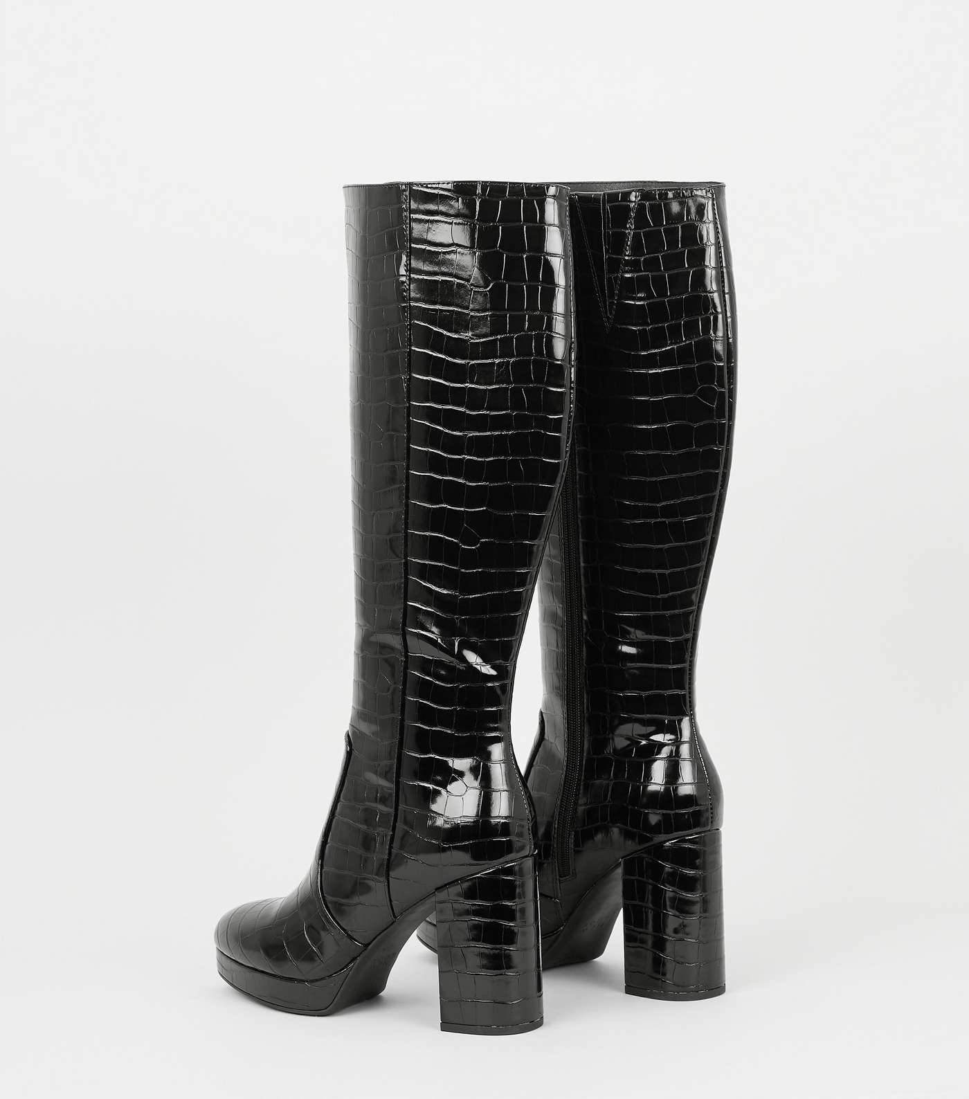 Black Patent Faux Croc Heeled Knee High Boots Image 3