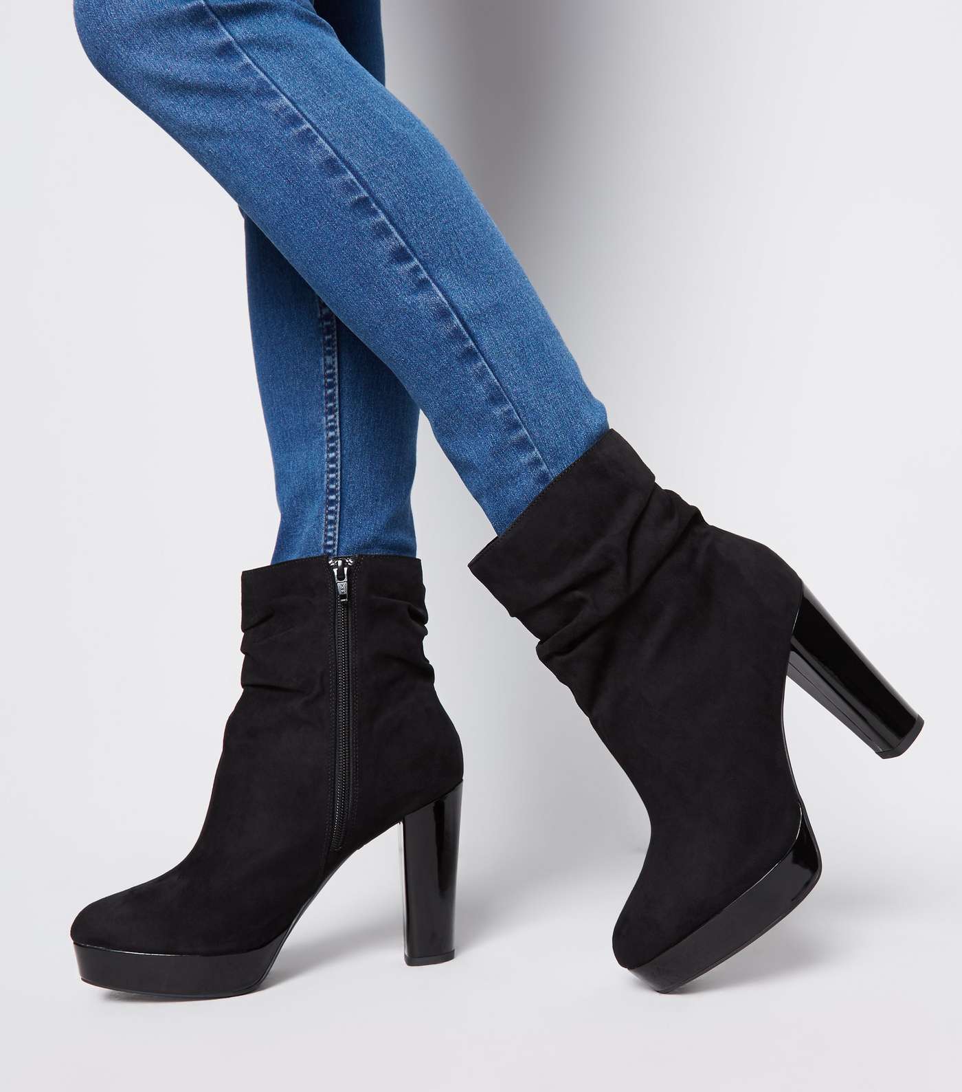 Wide Fit Black Suedette Slouch Heeled Calf Boots Image 2