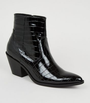 Black Faux Croc Heeled Western Boots 