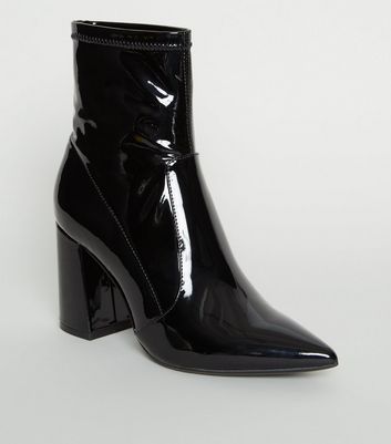 Black Patent Pointed Block Heel Boots | New Look