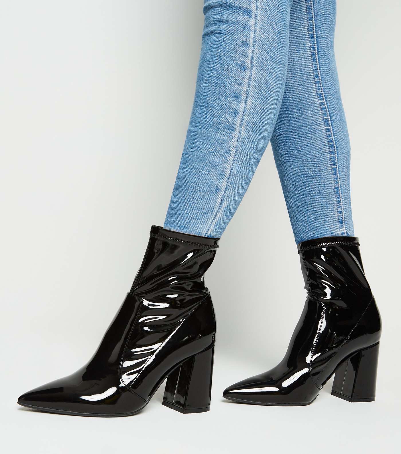 Black Patent Pointed Block Heel Boots Image 2