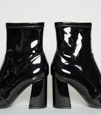 Black Patent Pointed Block Heel Boots 