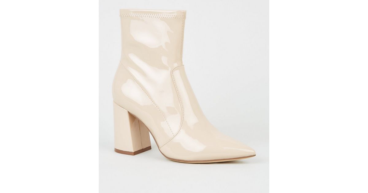 Cream Patent Pointed Block Heel Boots New Look