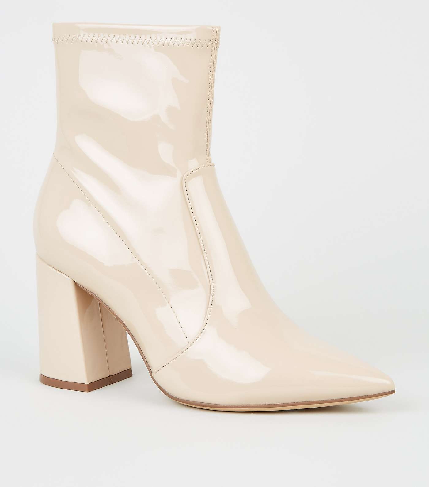 Cream Patent Pointed Block Heel Boots